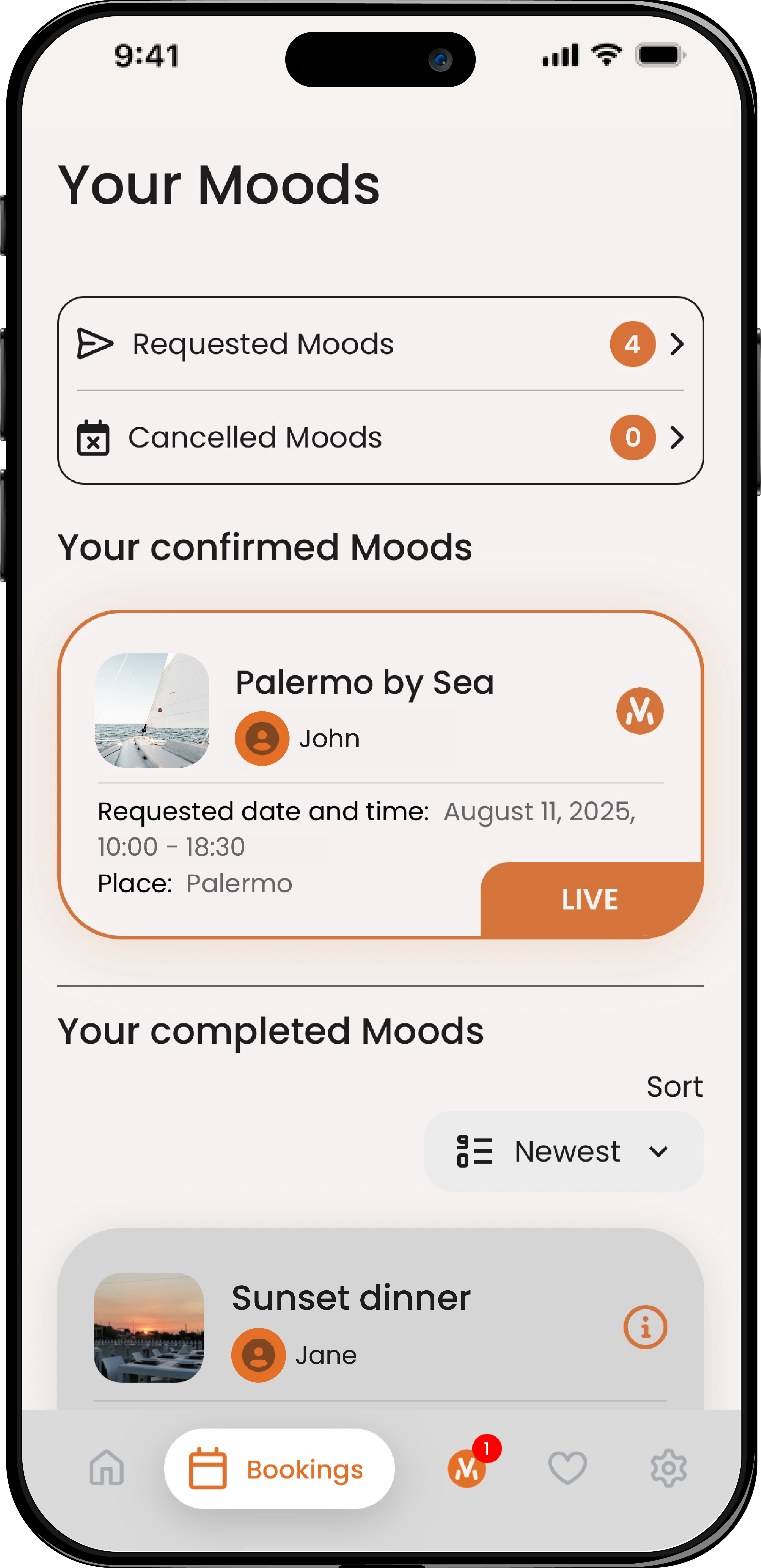 Bookings screen